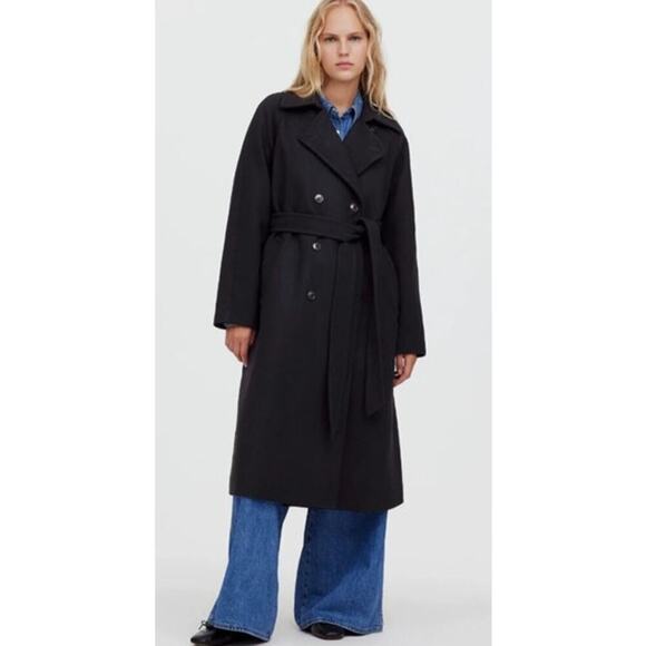 Madewell Double Breasted Trench Coat Wool Cashmere Blend  Black NWT XS - Picture 1 of 9